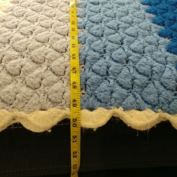 Vintage Hand Knit Blanket Crochet Blanket Large 64×50 Blue White Stripe Handmade - Picture 12 of 16